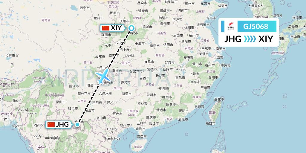 GJ5068 Loong Airlines Flight Map: Jinghong to Xi'an