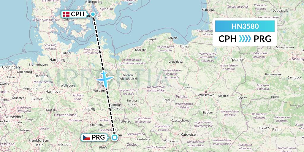 HN3580 Uab Heston Airlines Jsc Heston Airl Flight Map: Copenhagen to Prague