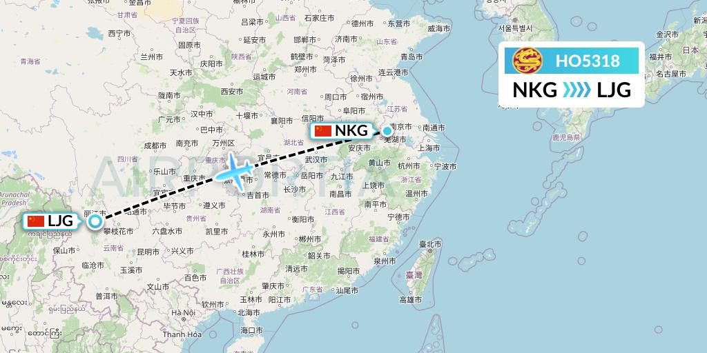 HO5318 Juneyao Airlines Flight Map: Nanjing to Lijiang