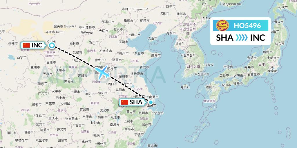 HO5496 Juneyao Airlines Flight Map: Shanghai to Yinchuan