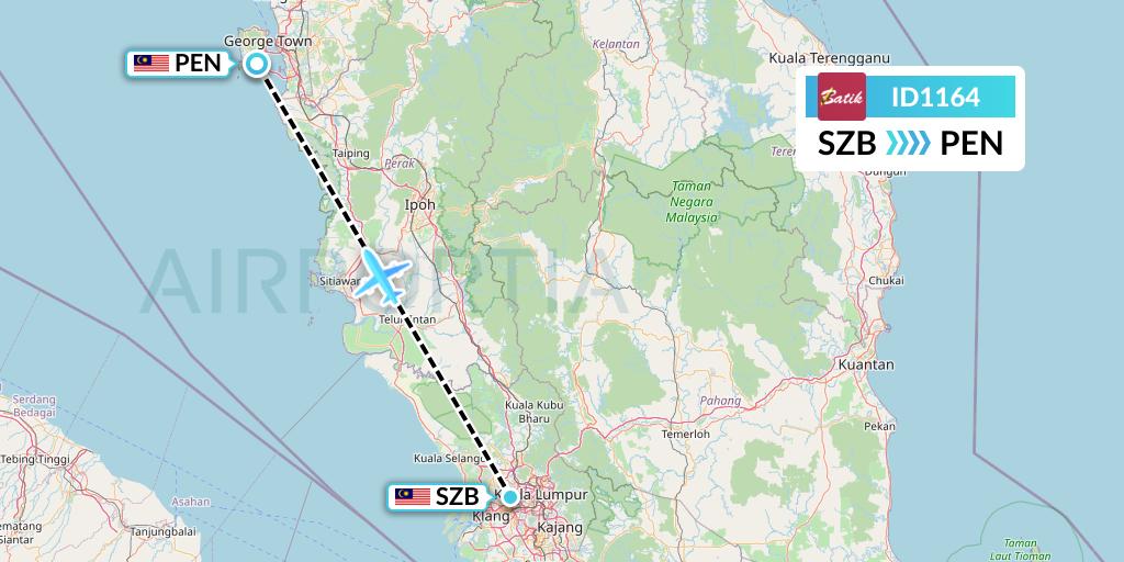 ID1164 Batik Air Flight Map: Kuala Lumpur to Penang