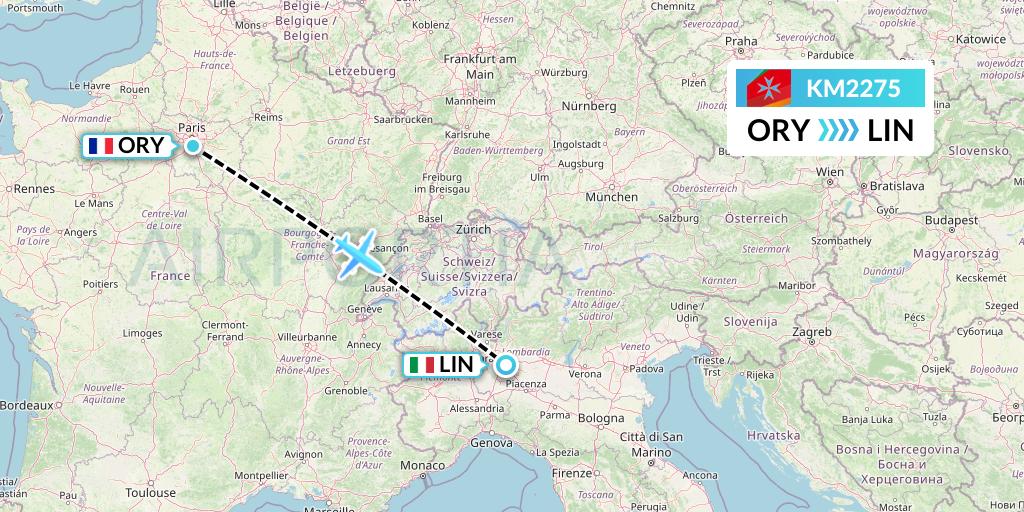 KM2275 Air Malta Flight Map: Paris to Milan