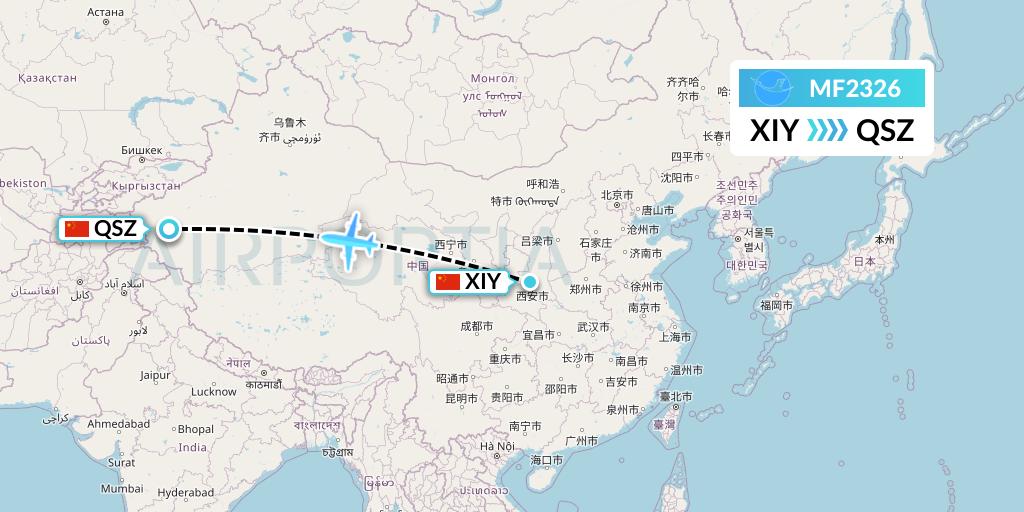 MF2326 Xiamen Airlines Flight Map: Xi'an to Hotan