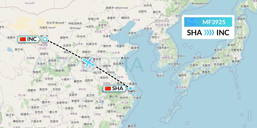 MF3925 Xiamen Airlines Flight Map: Shanghai to Yinchuan