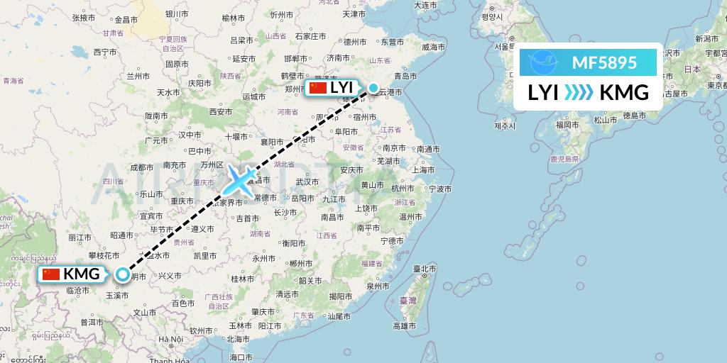 MF5895 Xiamen Airlines Flight Map: Linyi to Kunming