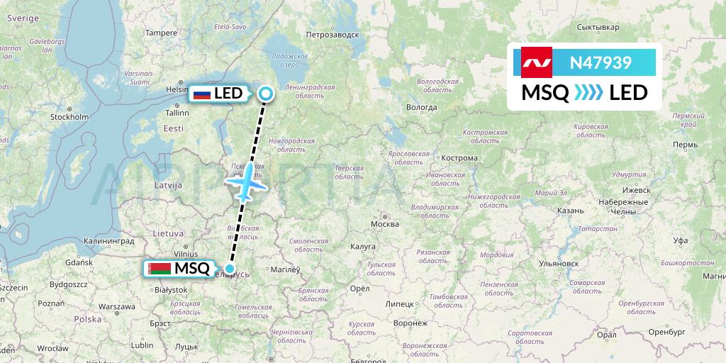 N47939 Nordwind Airlines Flight Map: Minsk to St. Petersburg