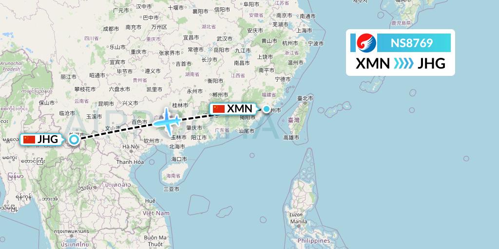 NS8769 Hebei Airlines Flight Map: Xiamen to Jinghong