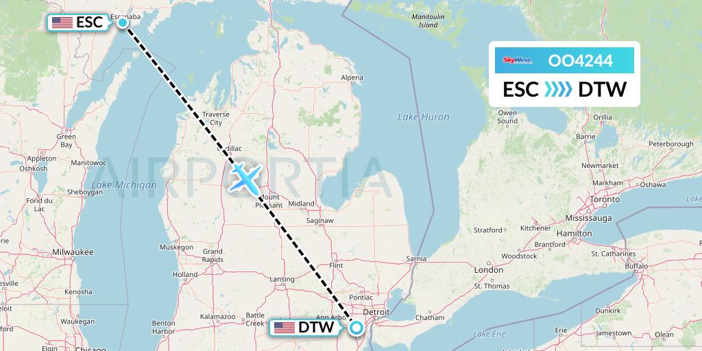 OO4244 SkyWest Airlines Flight Map: Escanaba to Detroit