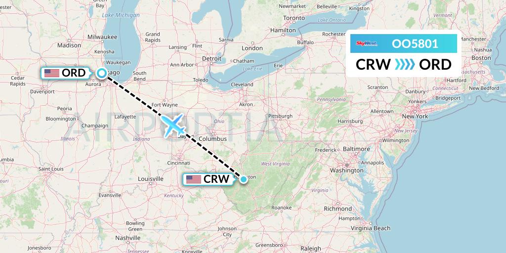 OO5801 SkyWest Airlines Flight Map: Charleston to Chicago