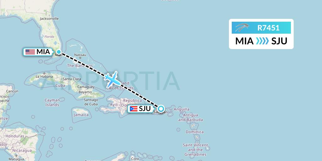 R7451 Aserca Airlines Flight Map: Miami to San Juan