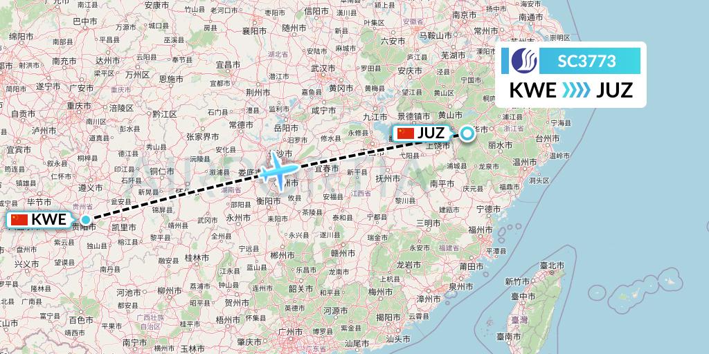 SC3773 Shandong Airlines Flight Map: Guiyang to Quzhou