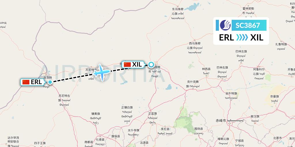 SC3867 Shandong Airlines Flight Map: Erenhot to Xilinhot