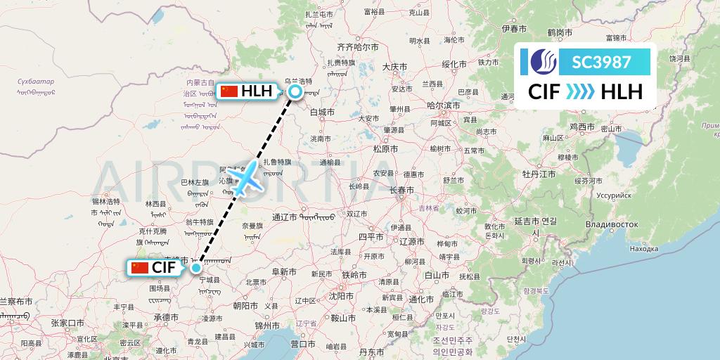 SC3987 Shandong Airlines Flight Map: Chifeng to Ulanhot