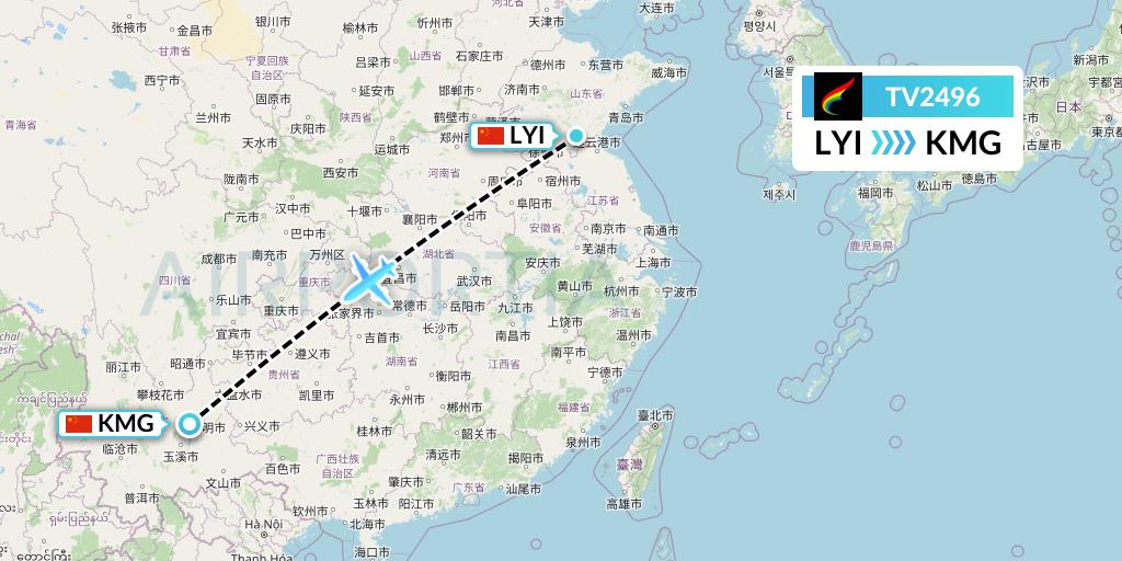 TV2496 Tibet Airlines Flight Map: Linyi to Kunming