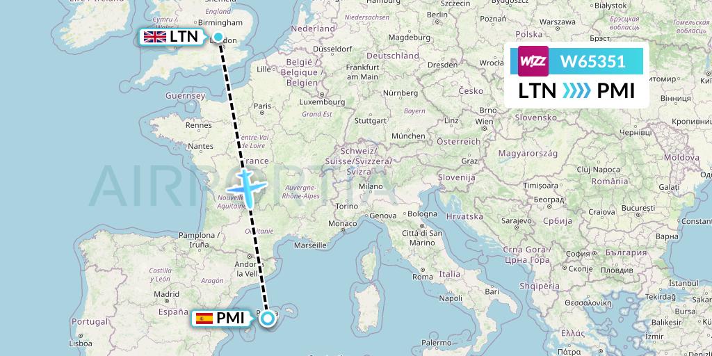 W65351 Wizz Air Flight Map: London to Palma de Mallorca