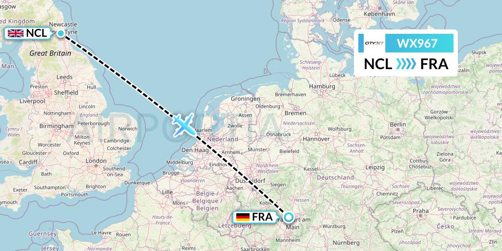 WX967 Cityjet Flight Map: Newcastle to Frankfurt