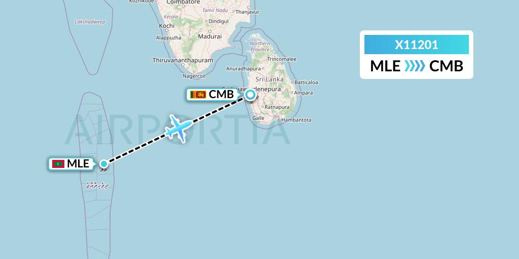 X11201 Nik Airways Flight Map: Male to Colombo