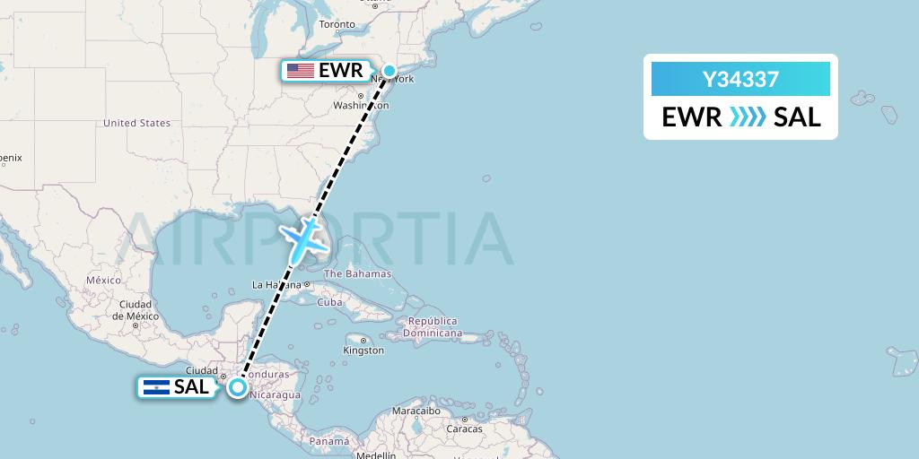 Y34337 Gryphon Airlines Flight Map: New York to San Salvador
