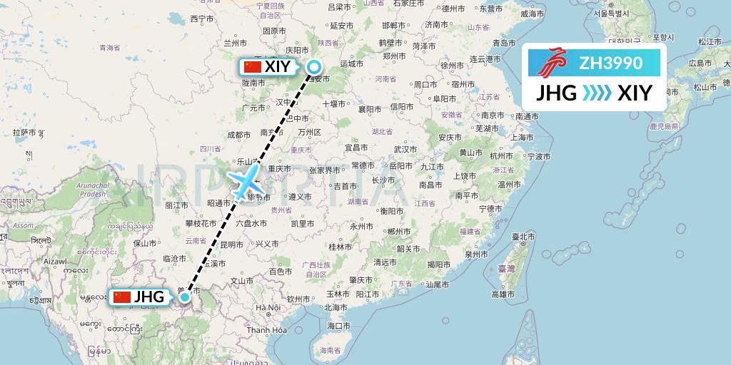 ZH3990 Shenzhen Airlines Flight Map: Jinghong to Xi'an
