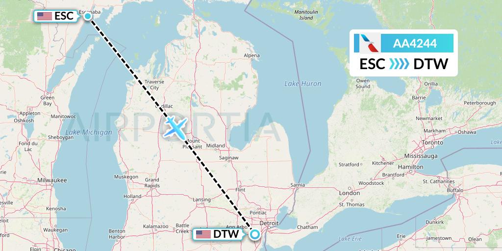 AA4244 American Airlines Flight Map: Escanaba to Detroit