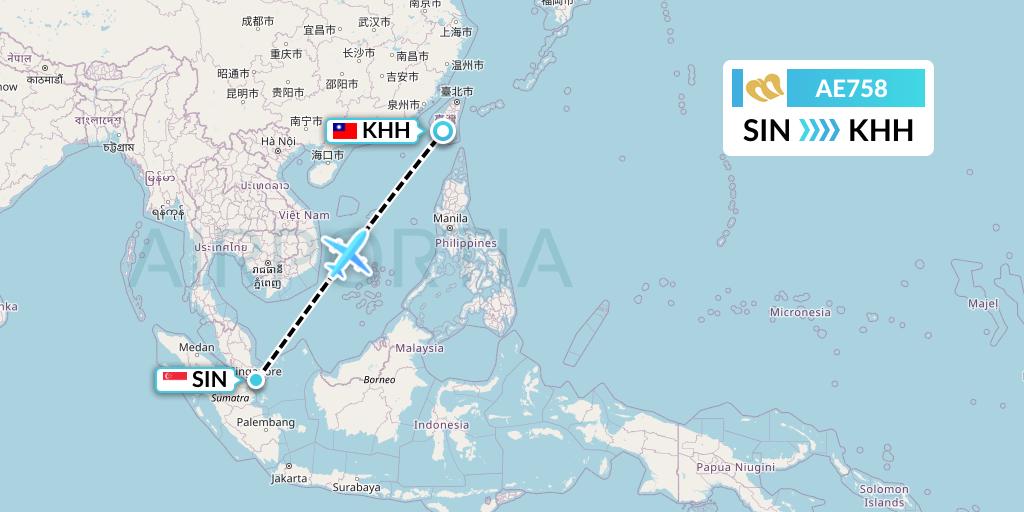 AE758 Mandarin Airlines Flight Map: Singapore to Kaohsiung