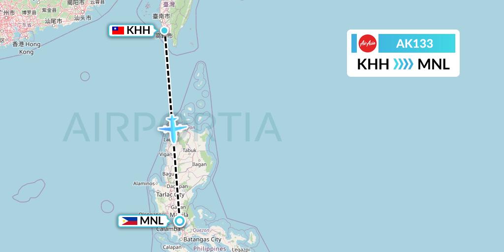 AK133 AirAsia Flight Map: Kaohsiung to Manila
