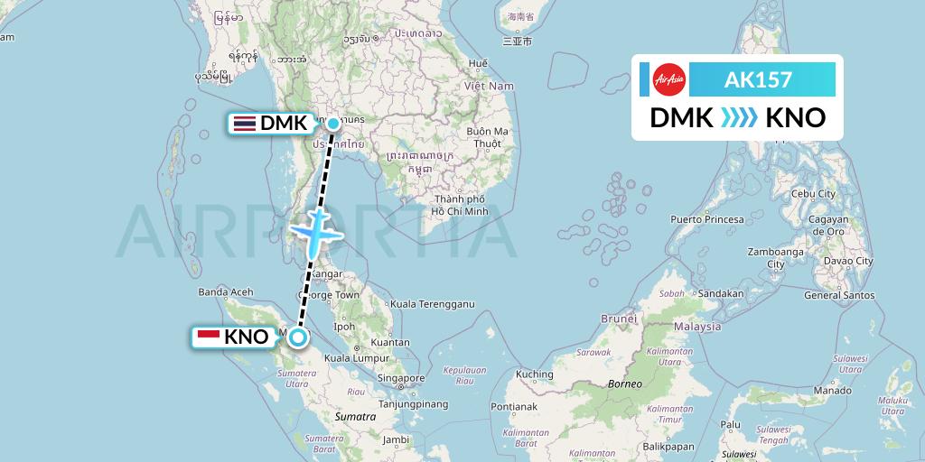 AK157 AirAsia Flight Map: Bangkok to Medan