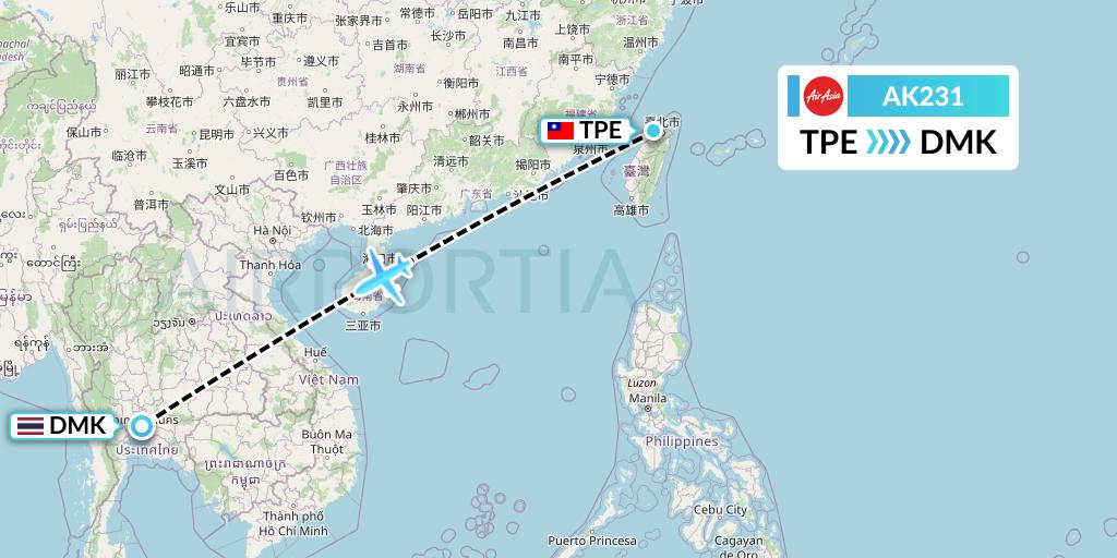 AK231 AirAsia Flight Map: Taipei to Bangkok