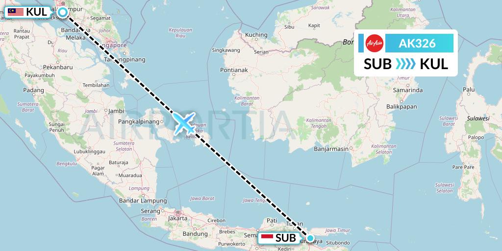 AK326 AirAsia Flight Map: Surabaya to Kuala Lumpur