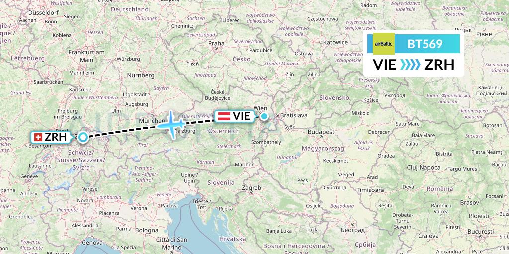 BT569 Air Baltic Flight Map: Vienna to Zurich