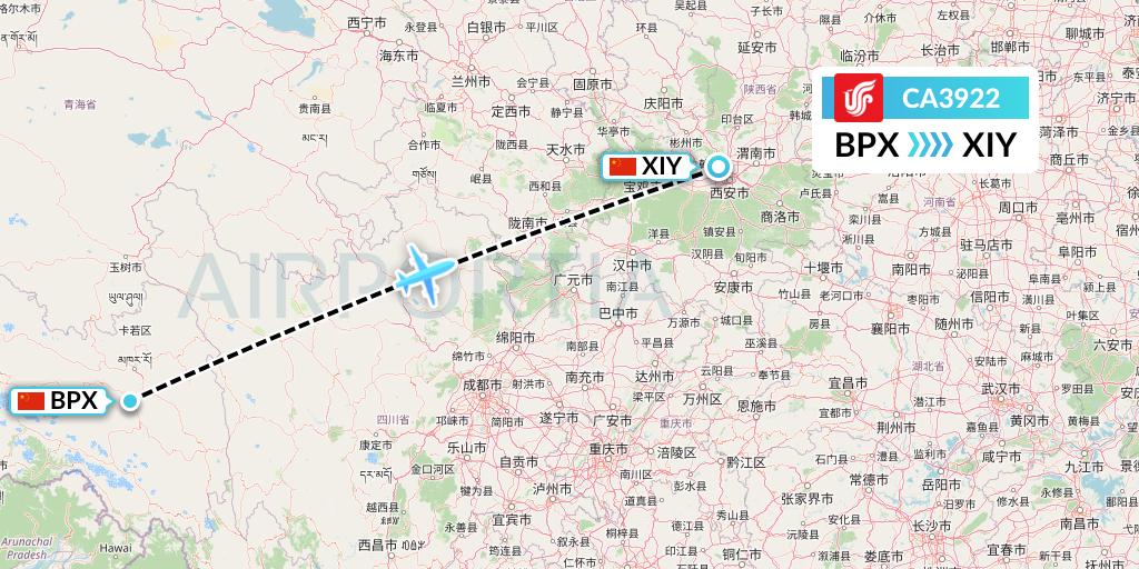CA3922 Air China Flight Map: Bangda to Xi'an