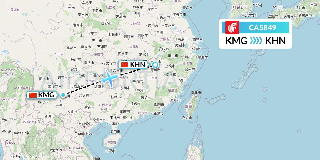 CA5849 Air China Flight Map: Kunming to Nanchang