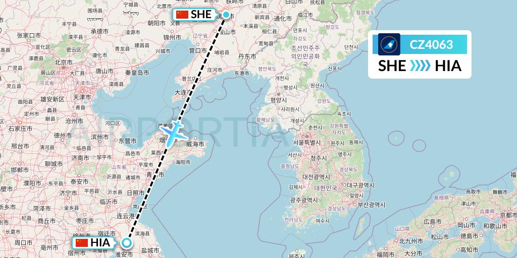 CZ4063 China Southern Airlines Flight Map: Shenyang to Huai'an