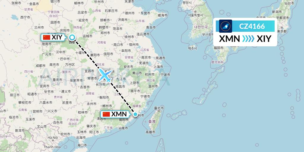 CZ4166 China Southern Airlines Flight Map: Xiamen to Xi'an