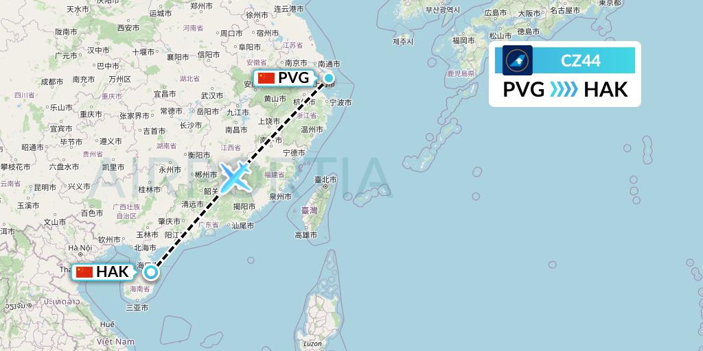 CZ44 China Southern Airlines Flight Map: Shanghai to Haikou