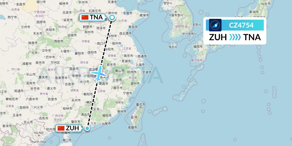 CZ4754 China Southern Airlines Flight Map: Zhuhai to Jinan
