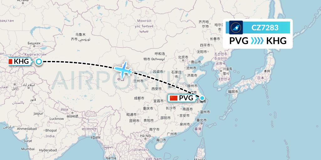 CZ7283 China Southern Airlines Flight Map: Shanghai to Kashgar