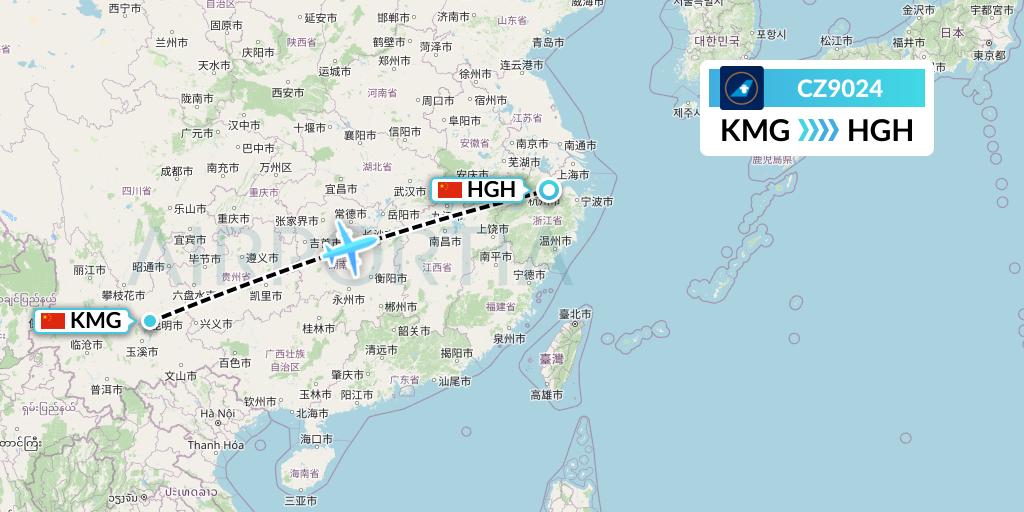 CZ9024 China Southern Airlines Flight Map: Kunming to Hangzhou