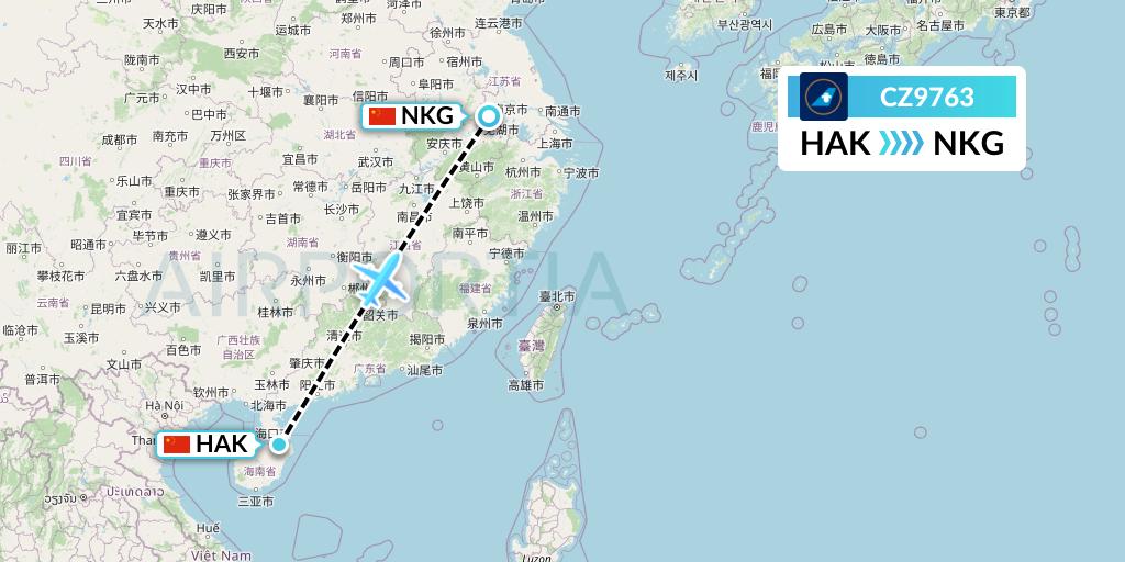 CZ9763 China Southern Airlines Flight Map: Haikou to Nanjing