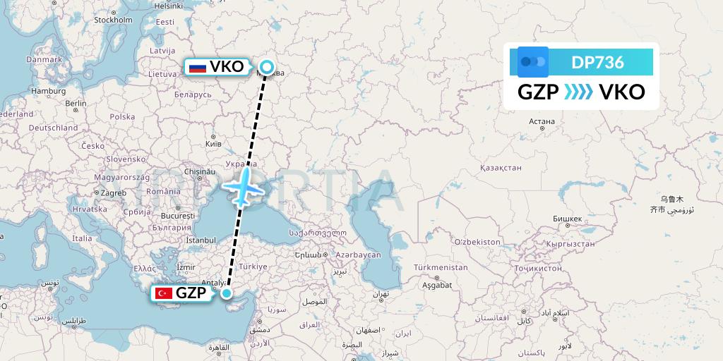 DP736 Pobeda Flight Map: Gazipasa to Moscow