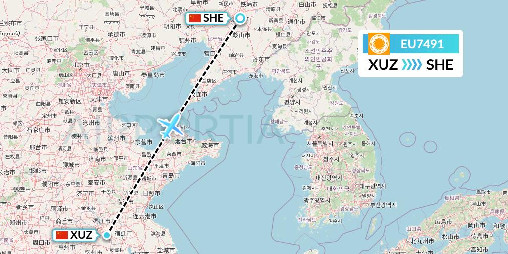 EU7491 Chengdu Airlines Flight Map: Xuzhou to Shenyang