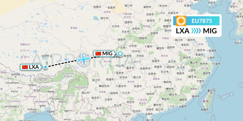 EU7875 Chengdu Airlines Flight Map: Lhasa to Mianyang