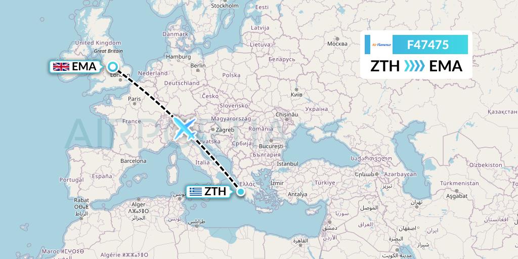 F47475 Air Flamenco Flight Map: Zakynthos to East Midlands