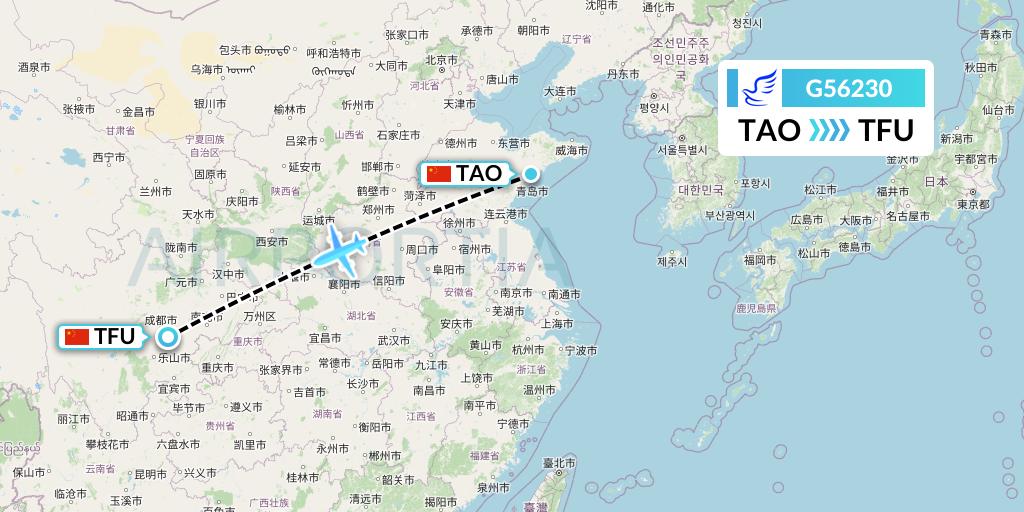 G56230 China Express Airlines Flight Map: Qingdao to Chengdu