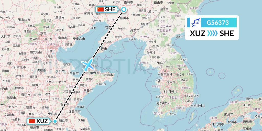 G56373 China Express Airlines Flight Map: Xuzhou to Shenyang