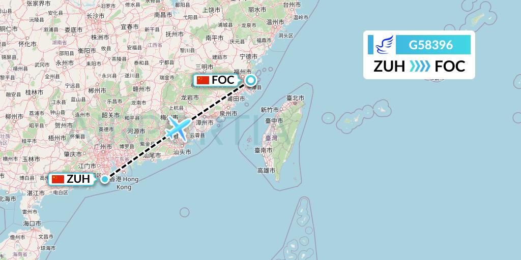 G58396 China Express Airlines Flight Map: Zhuhai to Fuzhou
