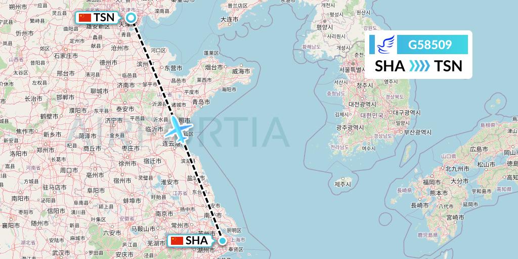 G58509 China Express Airlines Flight Map: Shanghai to Tianjin