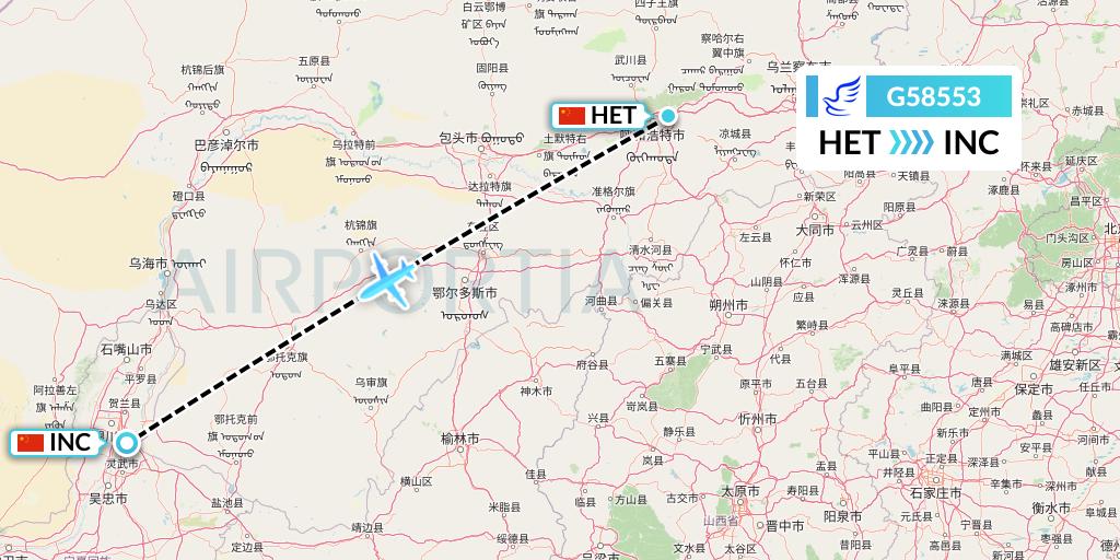 G58553 China Express Airlines Flight Map: Hohhot to Yinchuan