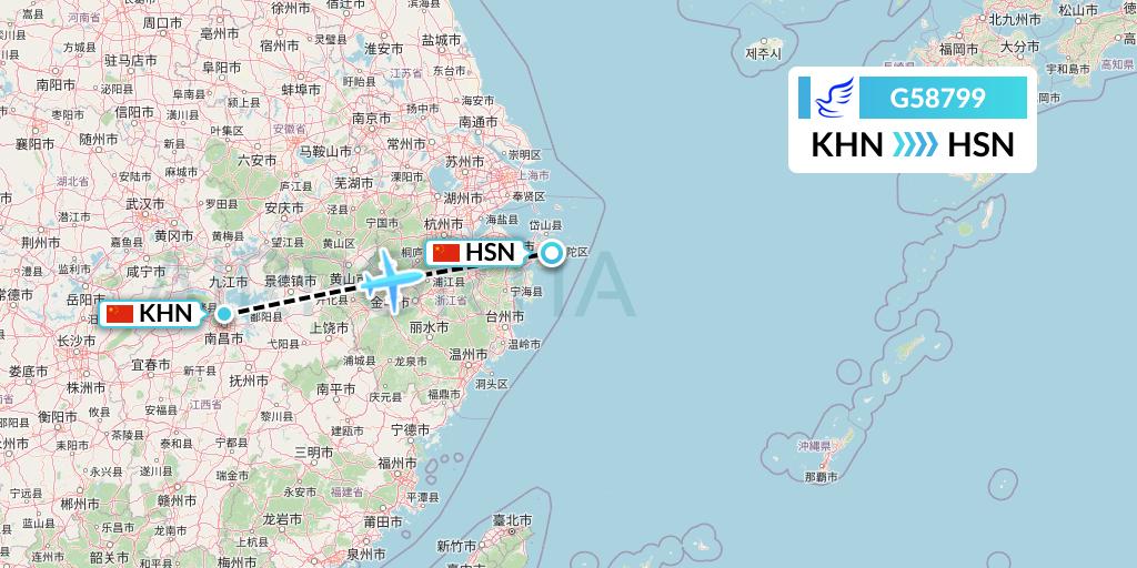 G58799 China Express Airlines Flight Map: Nanchang to Zhoushan