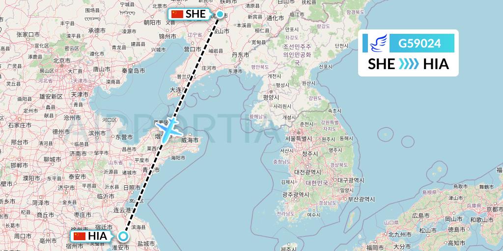 G59024 China Express Airlines Flight Map: Shenyang to Huai'an